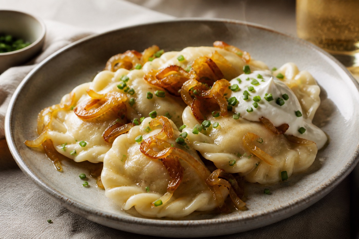 Pierogi ruskie ze śmietaną i szczypiorkiem